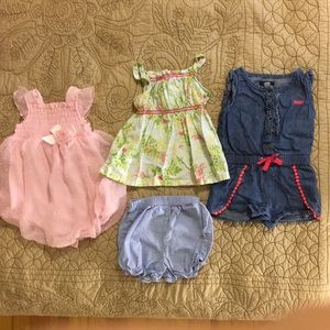DKNY denim romper, floral dress, onesie dress 9M
